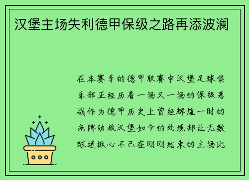 汉堡主场失利德甲保级之路再添波澜
